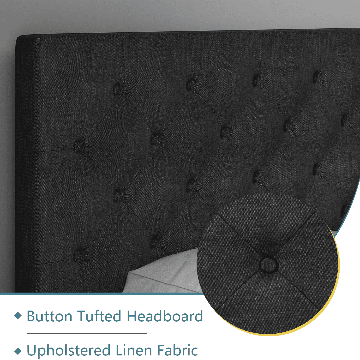 4 Ever Winner King Size Bed Frame, Upholstered Platform Bed with Headboard, Button Tufted Headboard, Dark Gray