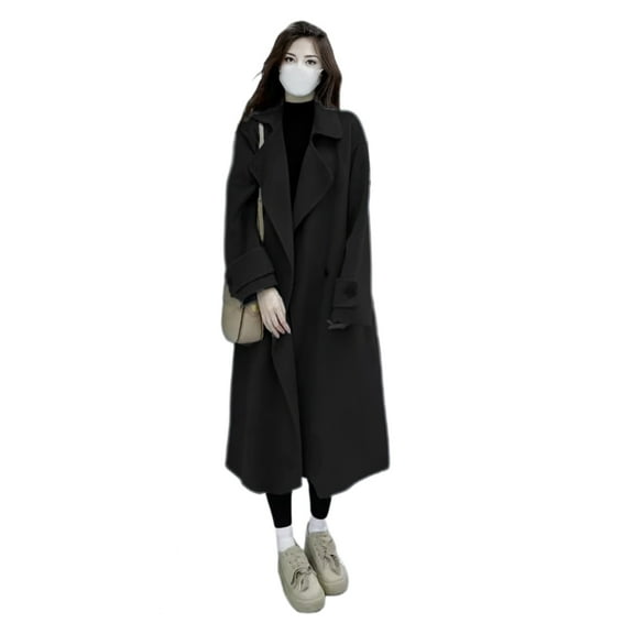 Women Winter Overcoat Turn-down Collar Pockets Mid Length Pure Color Double-breasted Cardigan Loose Fit Coat Thermal Long Sleeves Commuting Dating Winter Coat