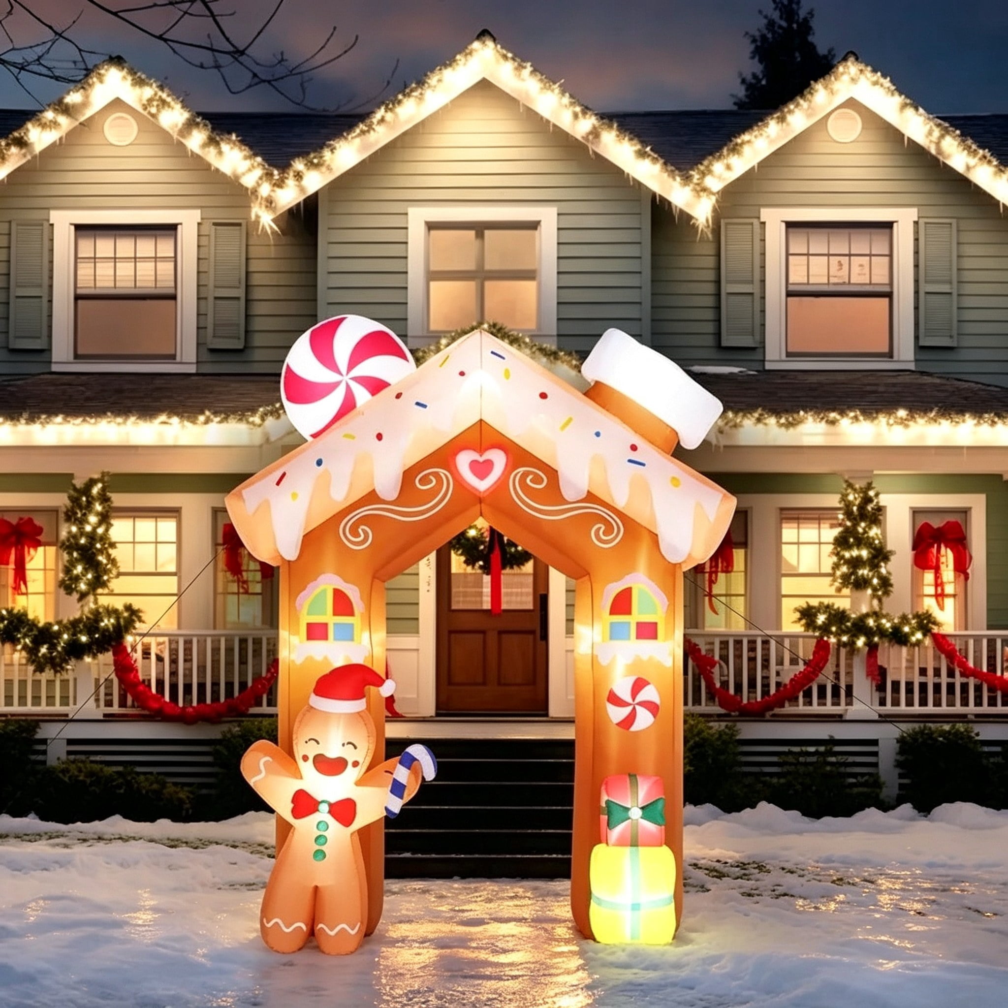 8FT Tall Christmas Gingerbread Inflatable - Blow Up Yard Decor with LED Lights, Electric Blower, Secure Stakes & Storage Bag - Indoor Garden Lawn Patio Porch Xmas Decor
