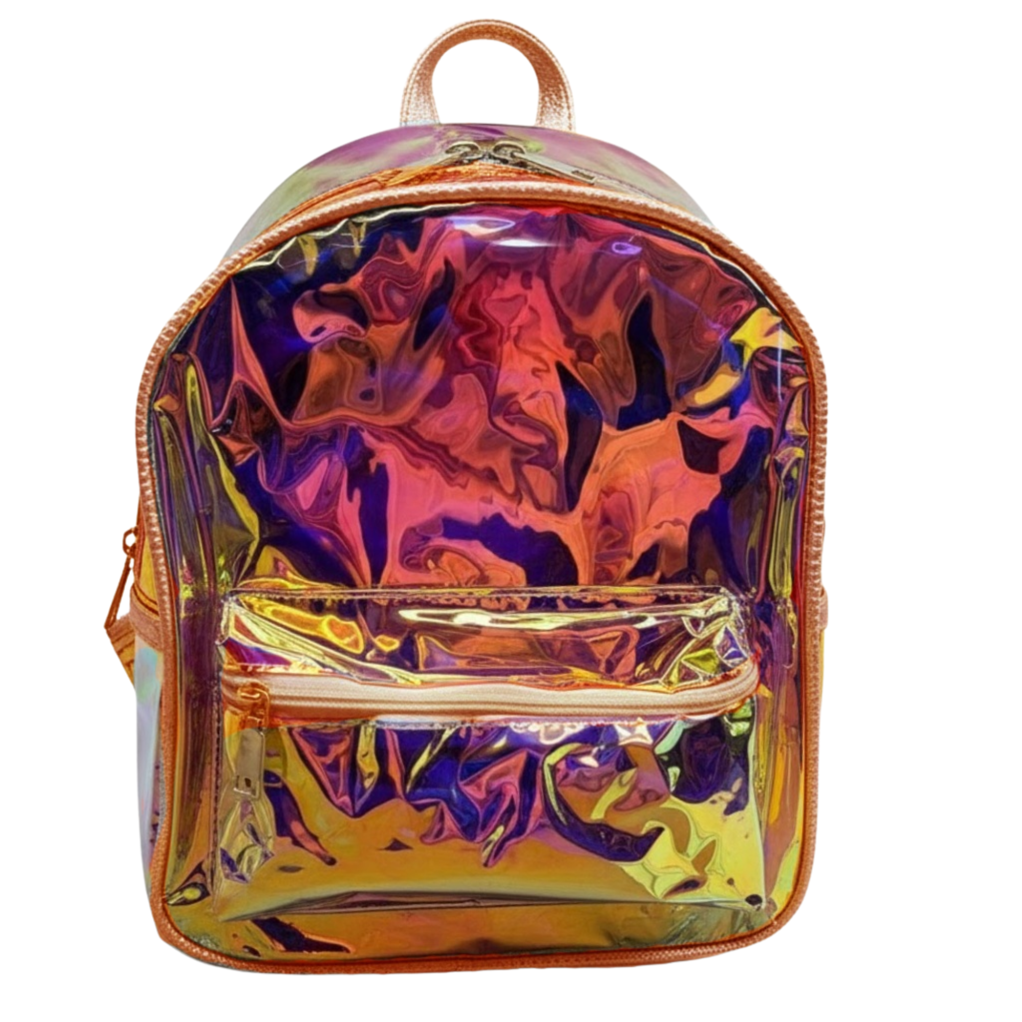 Clear Above Iridescent Mini Backpack with Purse – Holographic Shoulder Daypack for Travel, Concerts, Festivals & Everyday Fashion (Bronze Trim)