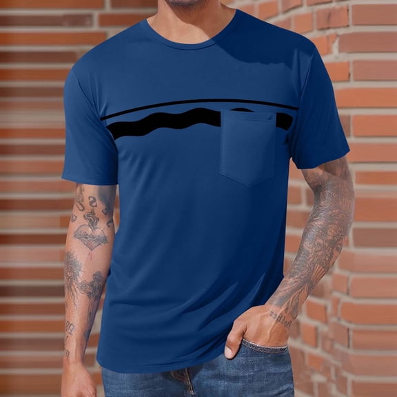 Mens Summer T Shirts Beach Tops Crew Neck Printed Casual Pocket Short Sleeve Summer Classic Cotton T Shirts ( Dark Blue ) M-4XL