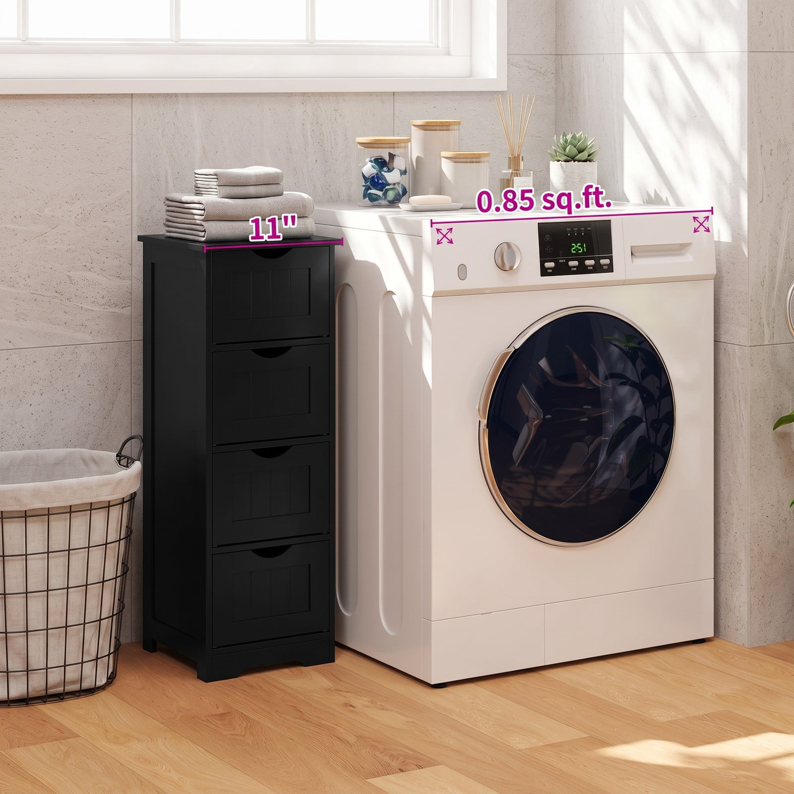 ALPULON 4-Drawer Freestanding Bathroom Floor Cabinet, Narrow MDF Storage Side Organizer with Anti-Toppling Device and Cut-Out Handles for Bathroom Living Room, Black