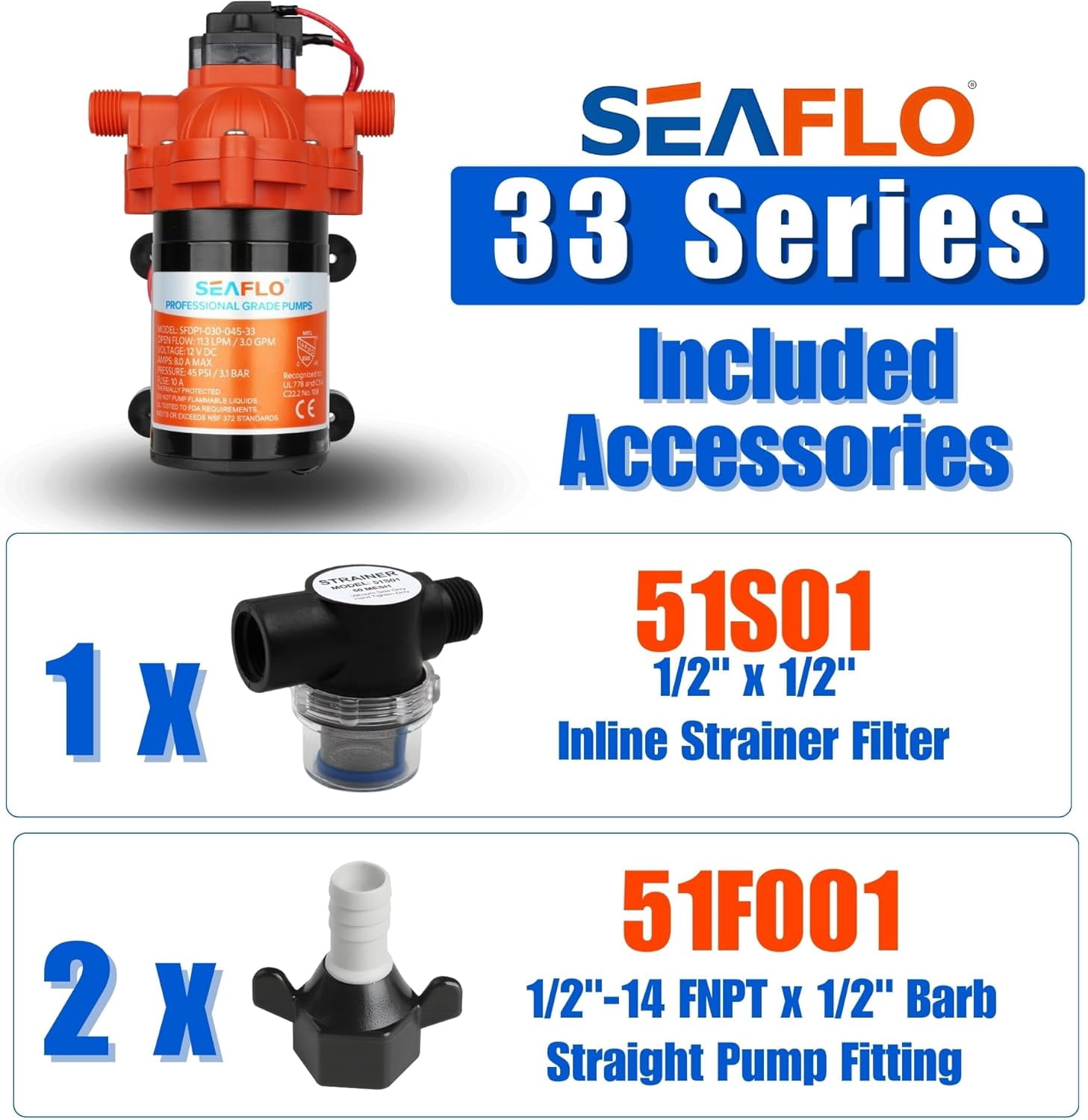 SEAFLO 33 Series DC Diaphragm Pump – 4-Year Warranty! 12V, 3.0 GPM, 45 PSI, Self-Priming, Run Dry Safe, Built-In Pressure Switch | Ideal for Marine, RV, and Water Systems