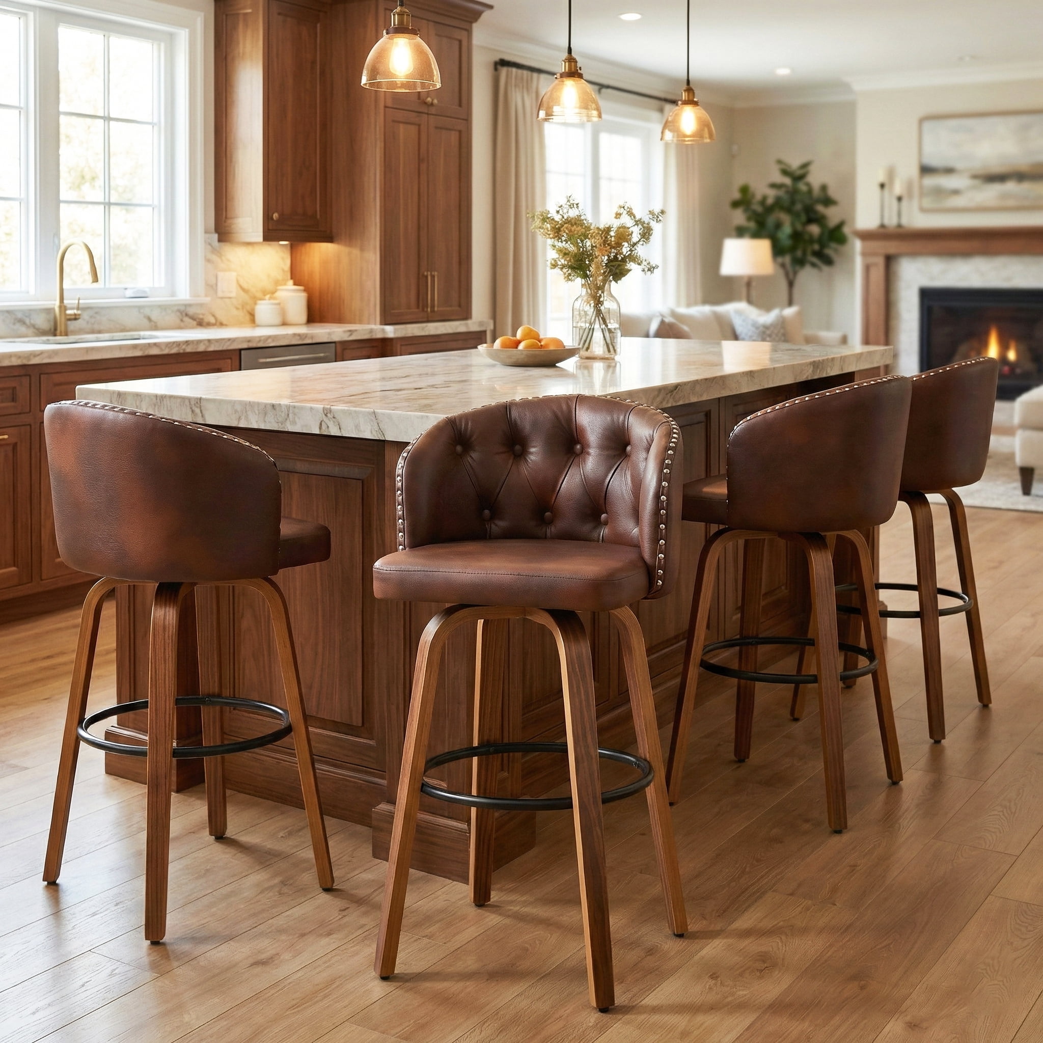 Fahomiss 28" Swivel Bar Stools with Back Set of 4, Leather Farmhouse Bar Height Stools, Brown