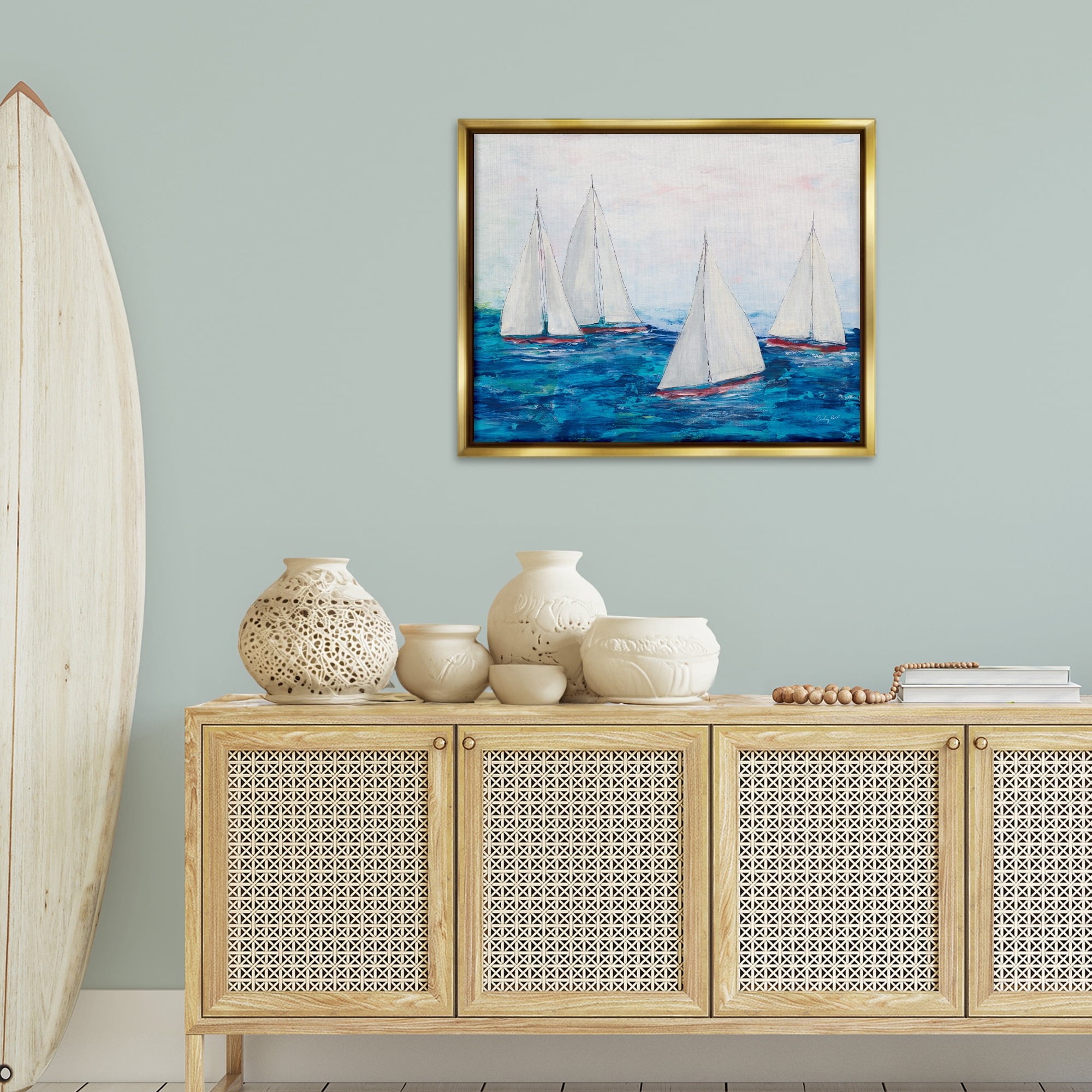 Stupell Industries Sailboat Fleet on Ocean Coastal Painting Gold Floater Framed Canvas Art Print Wall Art, 31 x 25