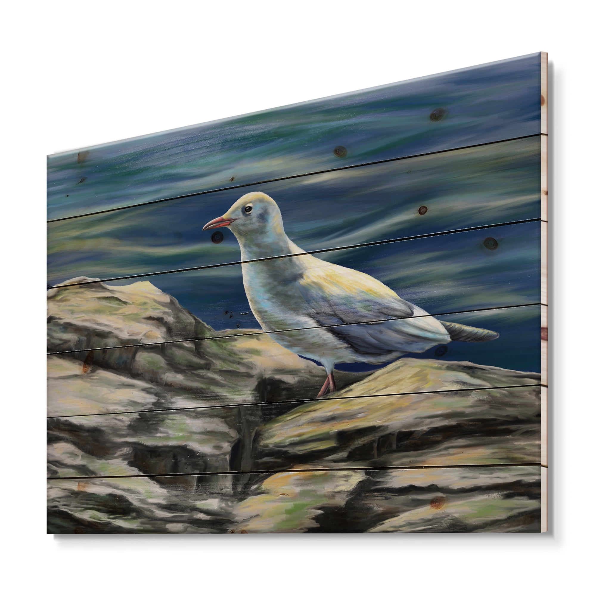 Designart 'Portrait of Seagull Birds By The Sea' Nautical & Coastal Print on Natural Pine Wood