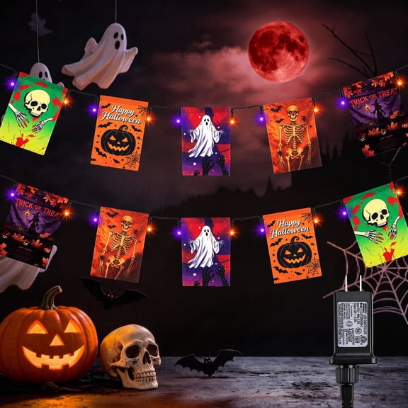 Toodour Halloween Orange & Purple Lights, 48.5ft 50 LED String Lights Outdoor with 25 Spooky Flags, Waterproof Halloween Decorations for Home Party Garden