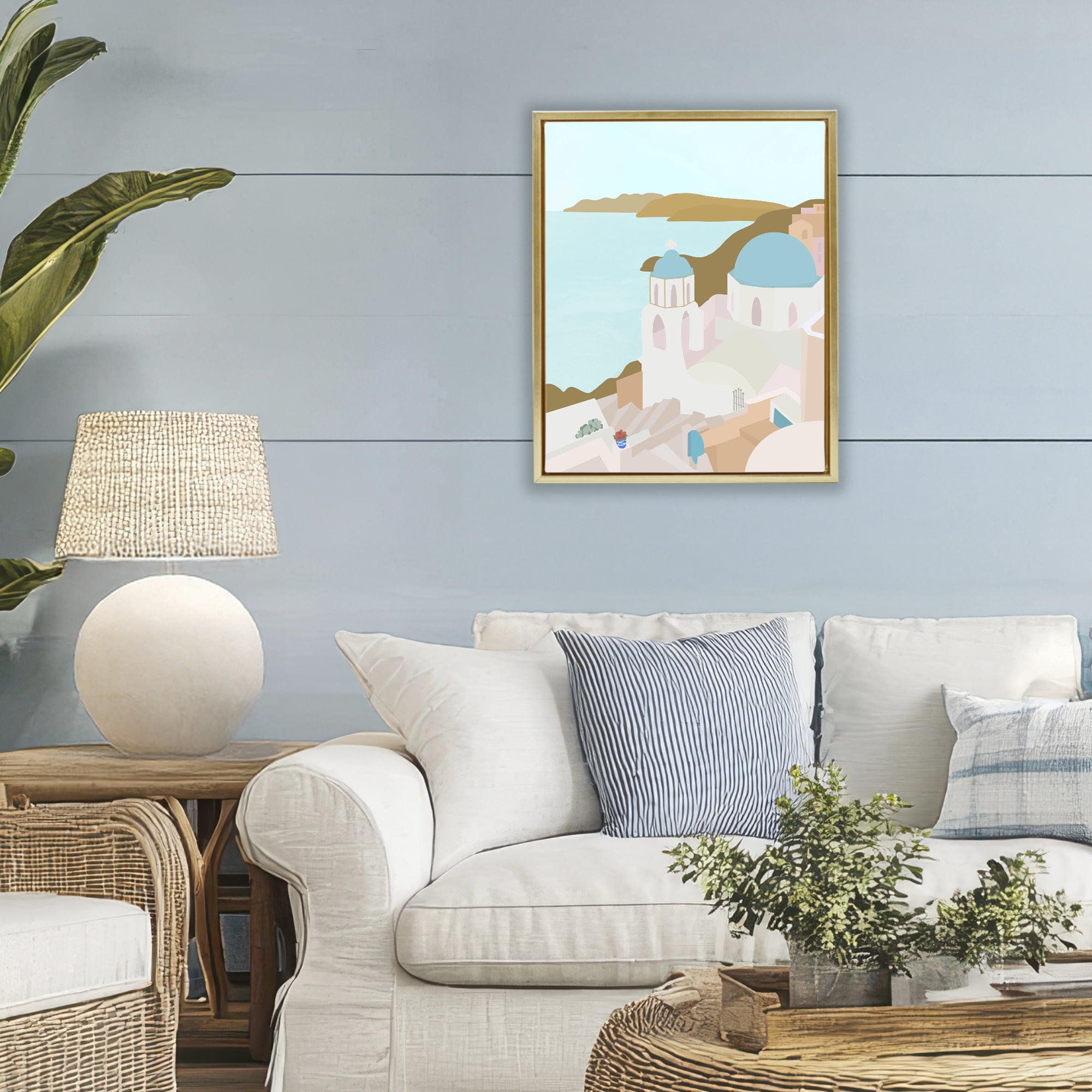 Stupell Industries Coastal Santorini Vibes Gold Framed Floater Canvas Wall Art, design by Anna Quach