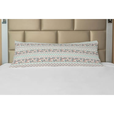 Tribal Body Pillow Case Cover with Zipper, Paisley Patterns in Native in Mixed Pattern Floral Design, Decorative Accent Long Pillowcase, Cream Aqua and Coral, by Ambesonne