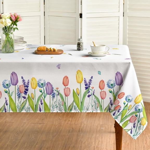 Spring Summer Tablecloth 60x84 Inch, Easter Watercolor Wild Flowers Tulip Lavender Blooming Floral Table Cover for Party Picnic Dinner Decor