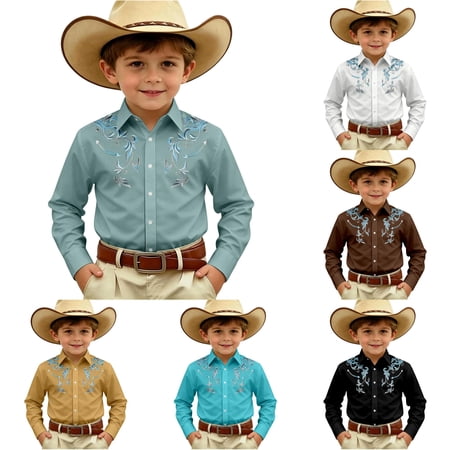 LIIPEE Cowboy Shirts For Boys Casual Fashion Floral Graphic Long Sleeve Turn Down Collar Button Up Western Style Tops Kids Cute Comfortable Daily Wear 10-11 Years