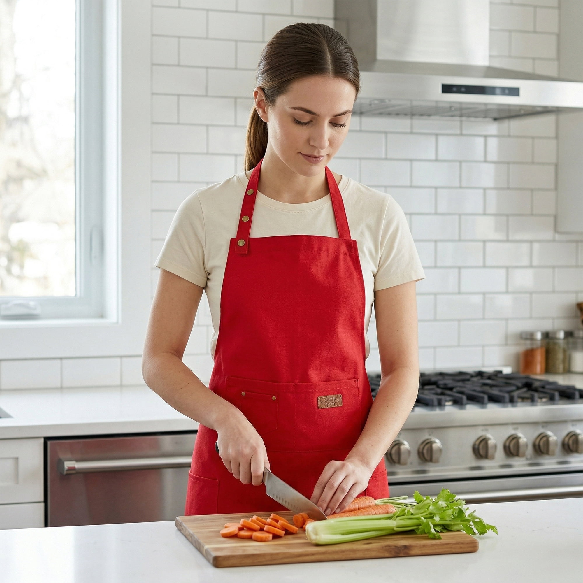 Unique Bargains Adjustable Cooking with Spacious Pockets Red