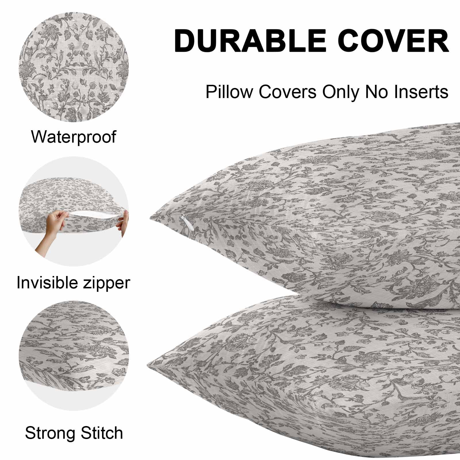 Farmhouse Grey Waterproof Outdoor Throw Pillow Covers 18''x18'' Pack 2, Pillow Cases Throw Cushion Cover with Zipper, Vintage Flower Leaf Botanical Plant Washable Pillowcase for Poolside Sofa