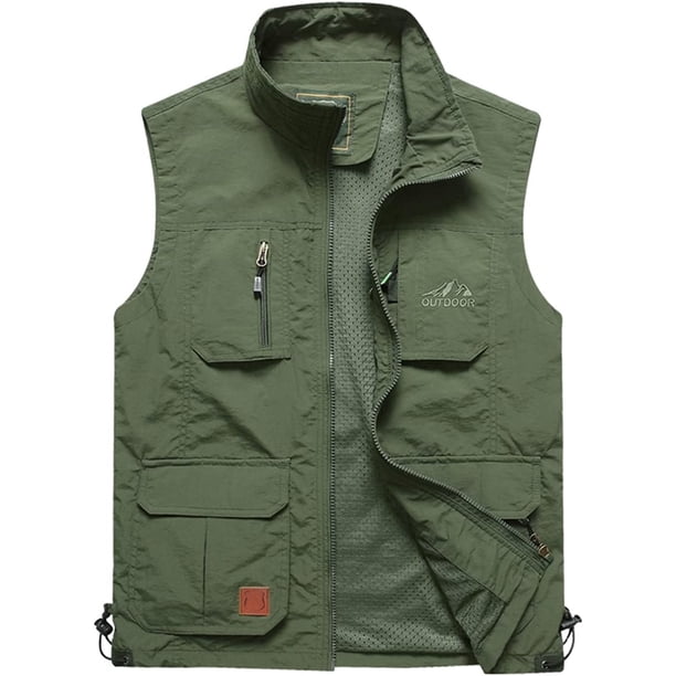 langtato - Chaleco sin mangas para hombre, casual, ligero, de secado rápido, pesca, caza, fotos, sin mangas, con bolsillos,Verde militar,Extra Grande