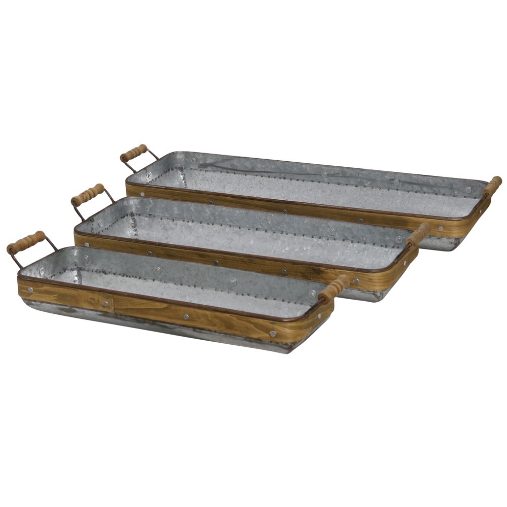 Industrial Galvanized Metal and Wooden Trays with Handles Set of 3