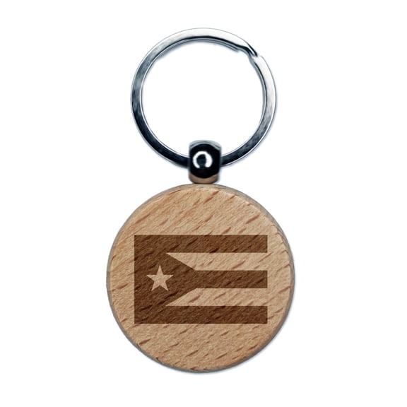 Puerto Rico Flag Round Keychain Charm Tag - Engraved Wood