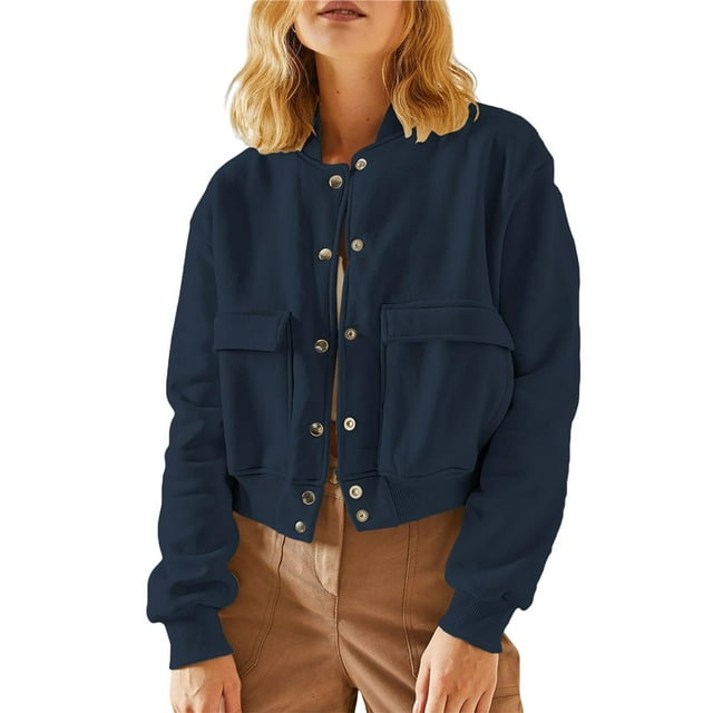 Chaqueta de Mujer para Otoño/Invierno, Larga, Cuello Alto, con Bolsillo Lateral. Azul Marino L