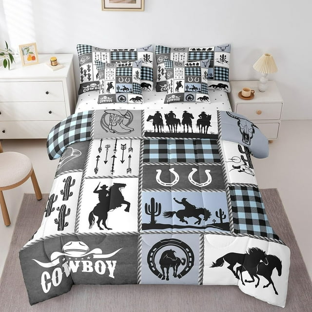 Ensemble de Douillette Western Cowboy pour Enfants 7 Pcs Format Très Grand, Ensemble de Literie Rustique de Ferme avec Fers à Cheval Cactus, Carreaux Géométriques Flèches Bleu Rétro (Douillette+drap-Housse+drap Plat+2 Taies d'Oreiller+2 Housses de Coussin Décoratif)