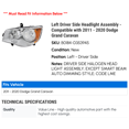 thumbnail image 2 of Left Driver Side Headlight Assembly - Compatible with 2011 - 2020 Dodge Grand Caravan 2012 2013 2014 2015 2016 2017 2018 2019, 2 of 2