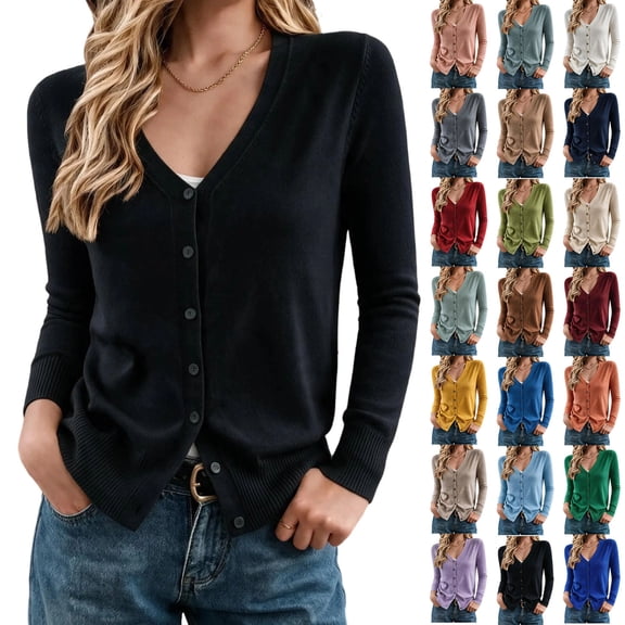 Womens V Neck Knit Cardigan Solid Color Button Down Long Sleeve Lightweight Short Jacket for Daily Casual Wear
