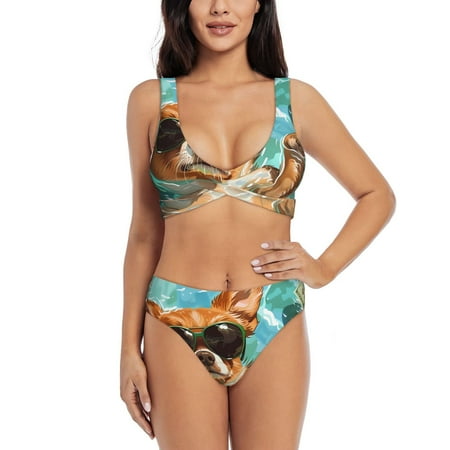Zeuib Funny Swimming Chihuahua High Waisted Tummy Control Bikini Set - Knot Front Push Up Top & Cheeky Thong Bottom  Two-Piece Swimsuit for Women-Small