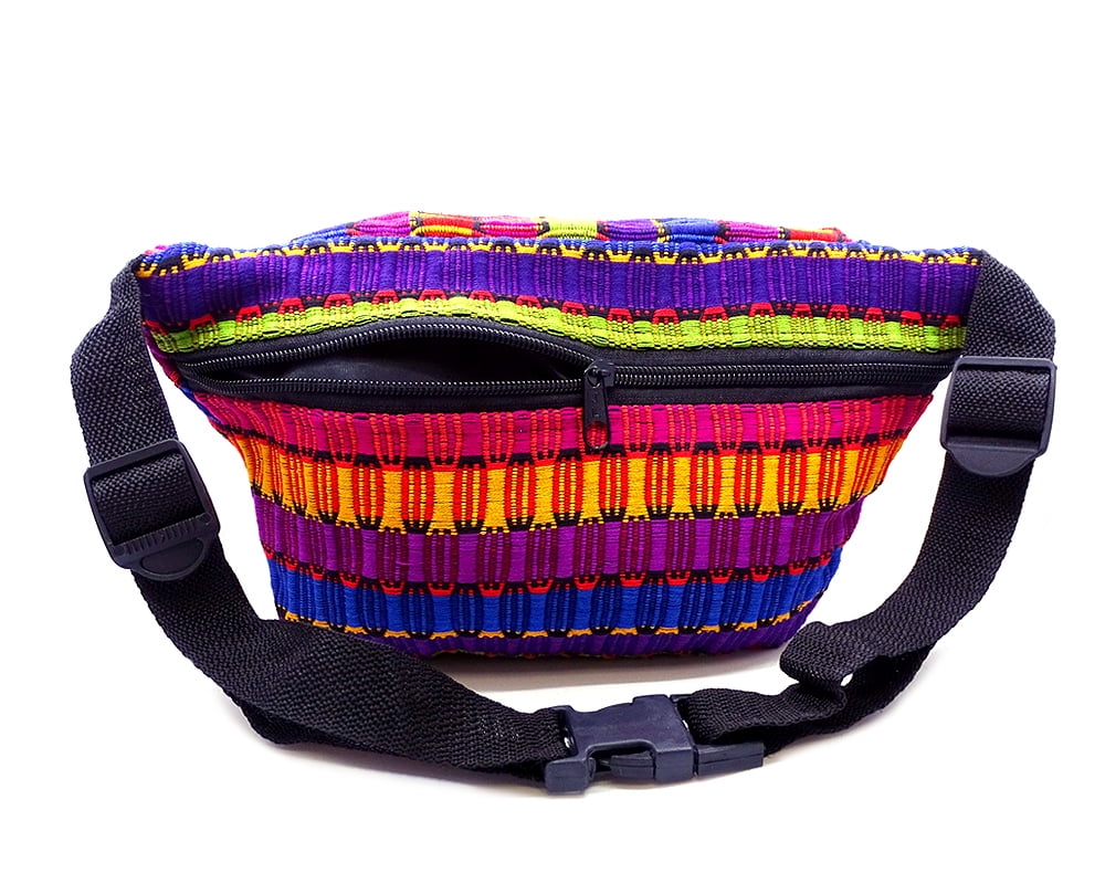 Large Thick Multicolored Woven Cotton Striped Pattern Fanny Pack Waist Bag - Handmade Adjustable Belt Pouch Boho Accessories