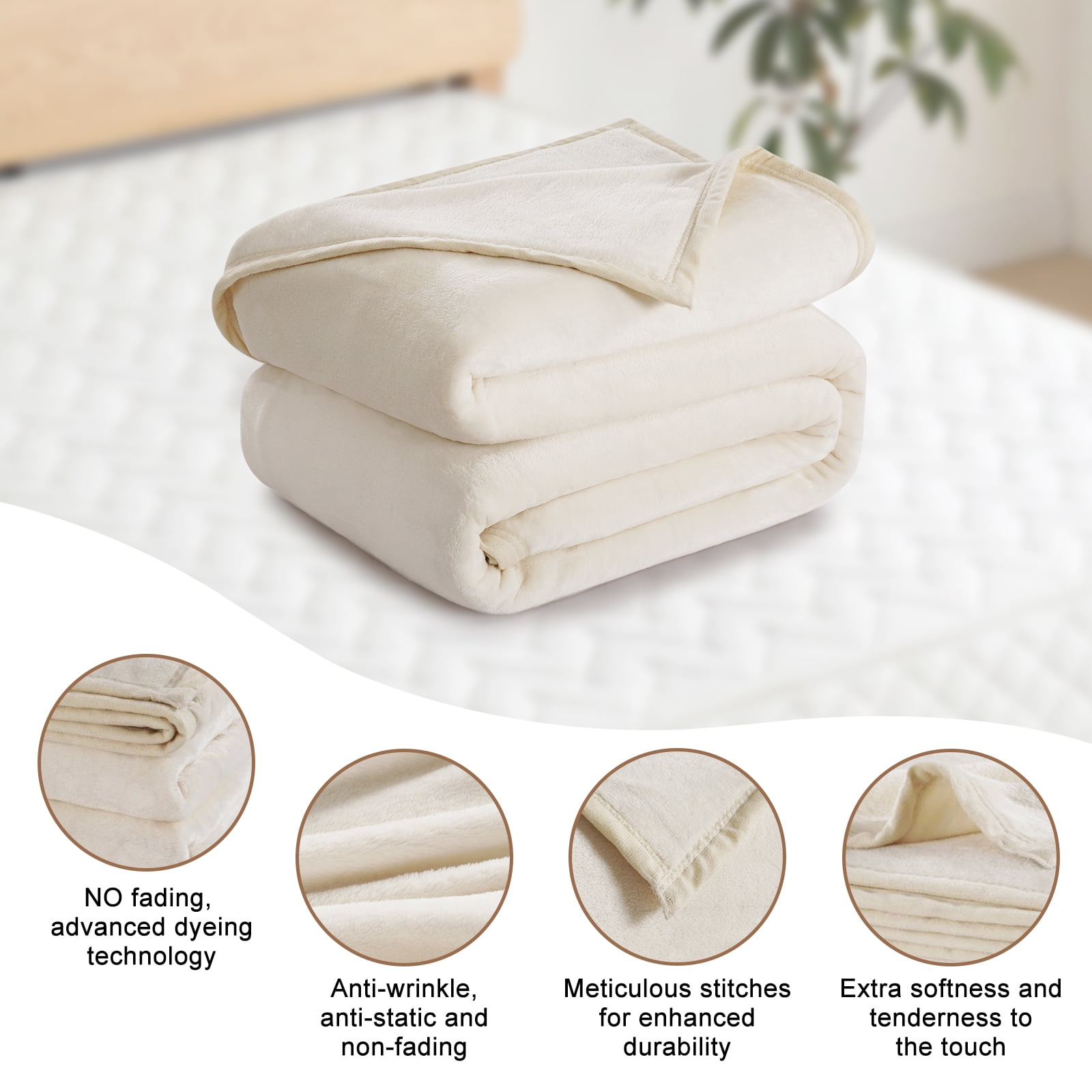 TEKAMON Fleece Bed Blankets Queen Size Plush Fuzzy Soft Lightweight Breathable Reversible Blanket Microfiber, 90"x90", Ivory
