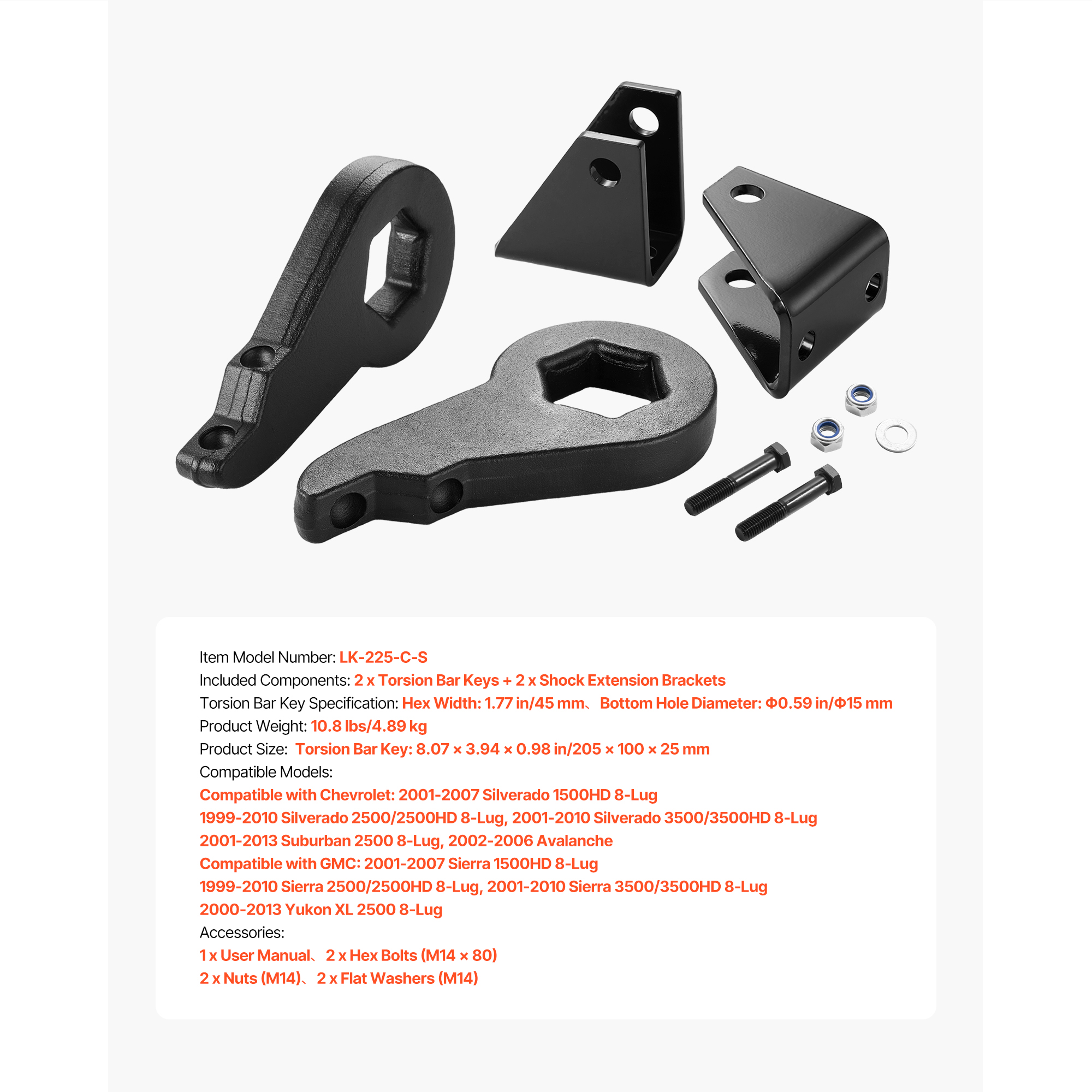 KFFKFF 3-Inch Front Leveling Lift Kit for 2001-2010 Chevy Silverado/GMC Sierra 2500HD/3500HD 8-Lug, 01-07 Silverado/Sierra 1500HD, Torsion Bar Keys Suspension Kit with Shock Extension Brackets
