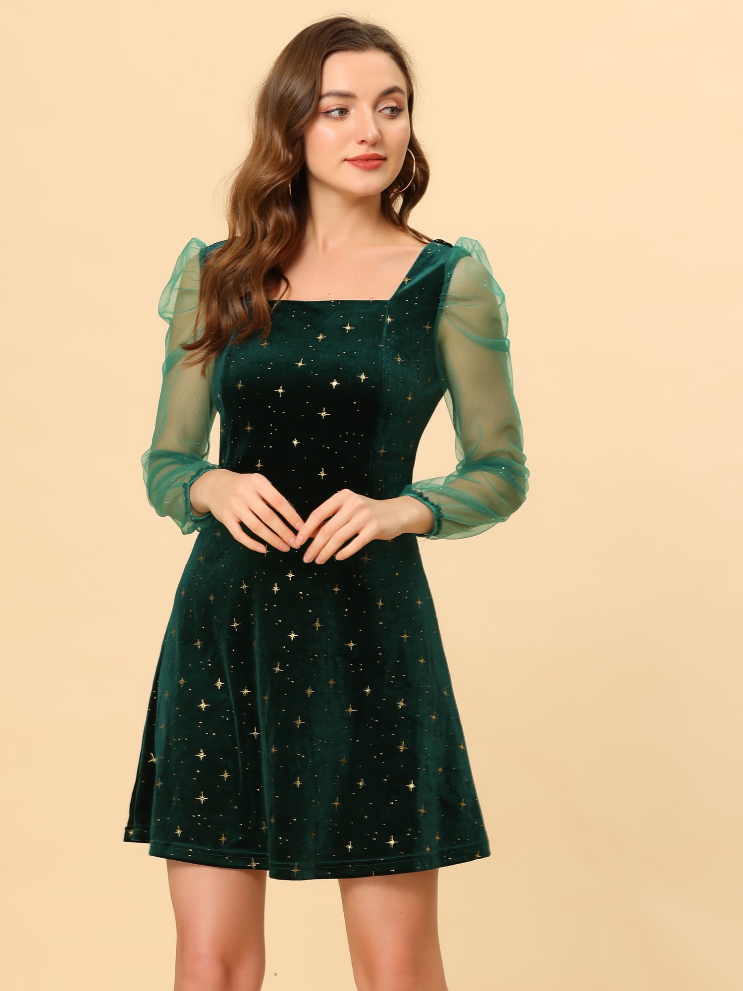 DARING DIVA Square Neck Mesh Sheer Sleeve Glitter Star Velvet Mini Dress M Green