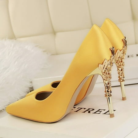 

Metal Carved Thin Heel High Heels Pumps Women Shoes 2018 Sexy Pointed Toe Ladies Shoes Fashion Candy Colors Wedding Shoes Woman