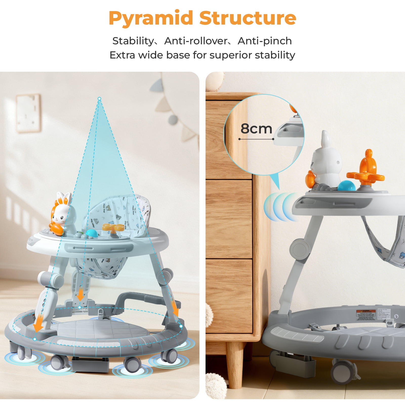 4-in-1 Adjustable Baby Walker & Activity Center, Foldable with 8 Silent Wheels, Removable Toy Tray - Convertible Learning Walker, Dining Chair, Self-Walker for Toddlers 6+ Months