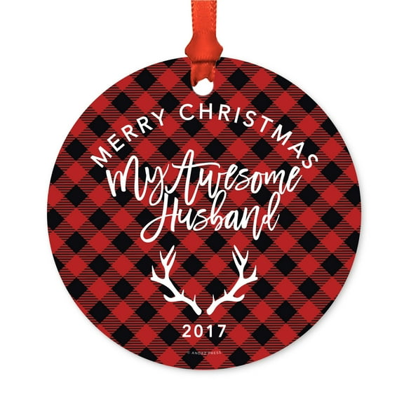 Family Metal Christmas Ornament, Merry Christmas My Awesome Husband 2017, Red Plaid, Includes Ribbon and Gift Bag