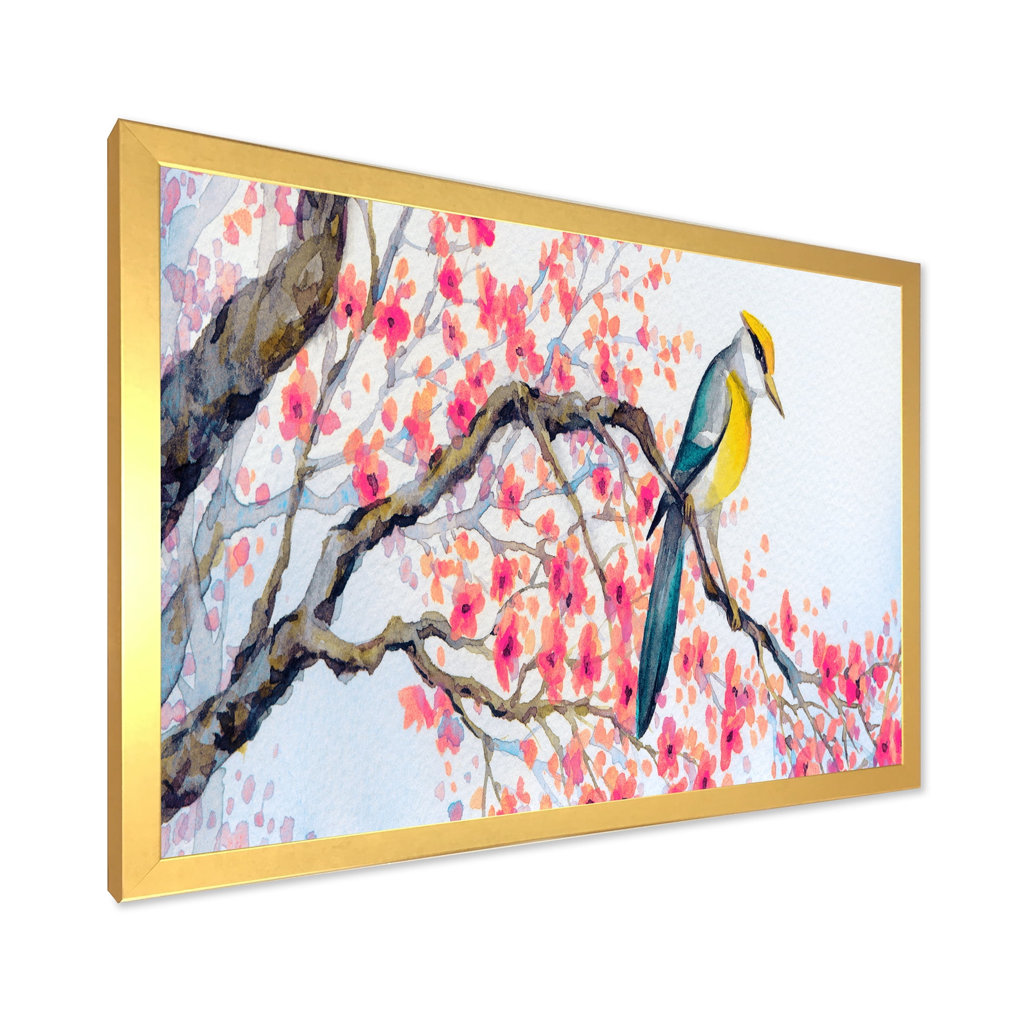 Beautiful Pink Bird Sitting On Flowering Branch I 20 in x 12 in Framed Painting Canvas Art Print, by Designart