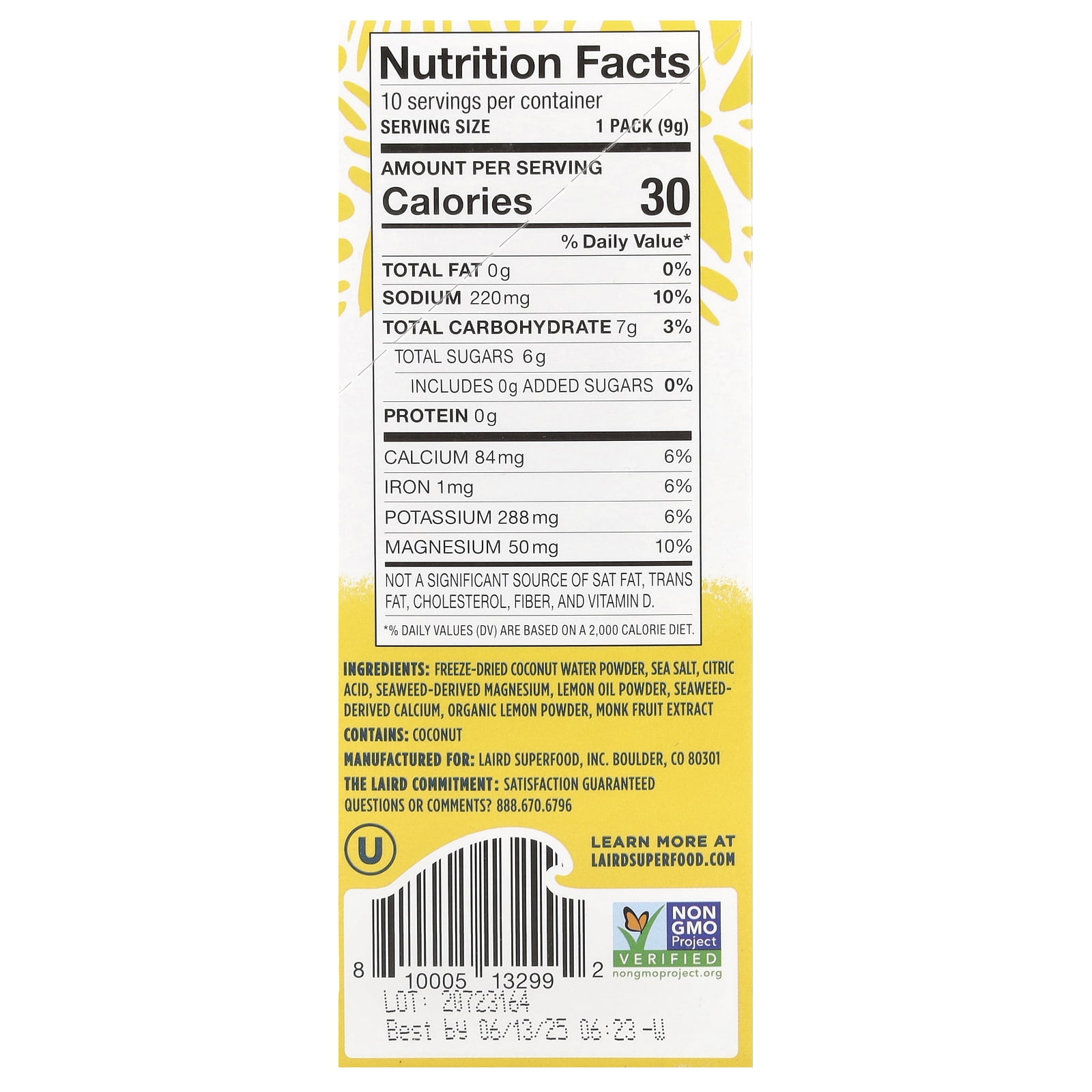 Laird Superfood Hydrate Coconut Water, Electrolyte Drink Mix, Lemon, 10 Packs, 0.3 oz (9 g) Each