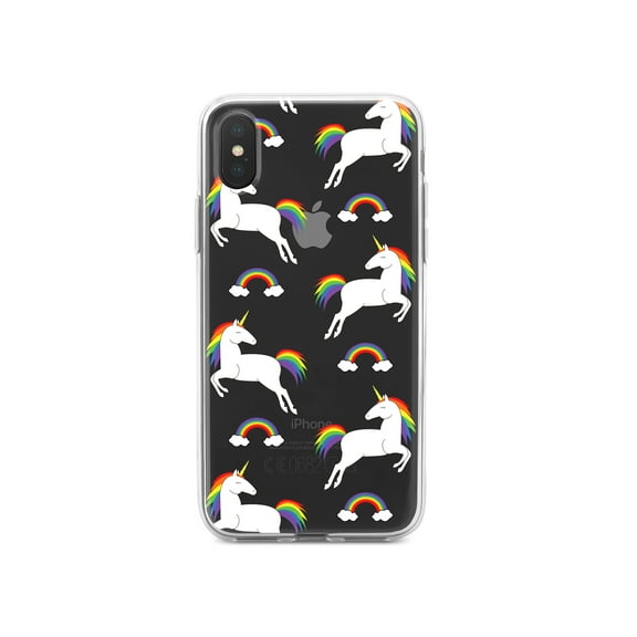 DistinctInk Clear Shockproof Hybrid Case for iPhone XS Max (6.5" Screen) - TPU Bumper, Acrylic Back, Tempered Glass Screen Protector - Rainbows & Unicorns