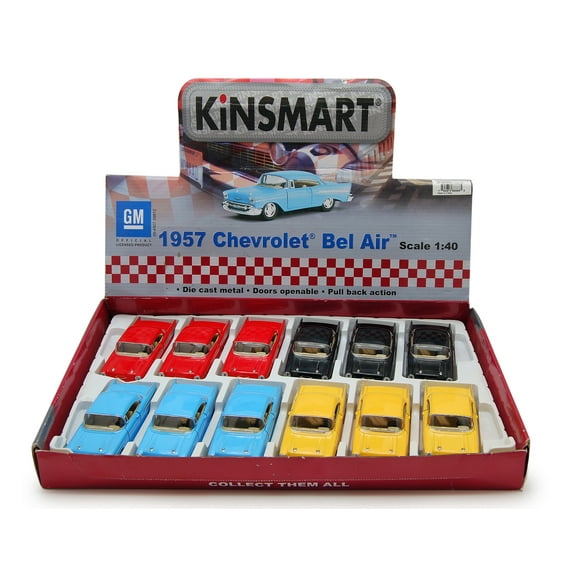 1957 Chevy Bel Air Diecast Car Package - Box of 12 1/40 scale Diecast Model Cars, Assorted Colors