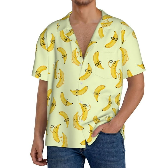 Gukieu Bananas Print Men's Short-sleeved Shirts, Button-down Pocket Shirts, T-shirts, Beach Vacation Travel Summer Clothing-Small