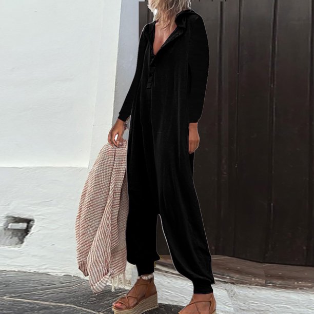 ICHUANYI Clearance Women's Fashion Hooded Button Rompers Casual Long Sleeve Pocket Jumpsuit(Black, M) ICHUANYI WER2023081508151