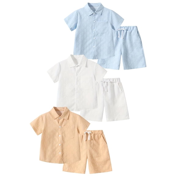 Fdqin Boys Summer Outfits 6 Pcs Beach Short Sleeve Button Down Shirts and Shorts Vacation Texture Sets for Kids Khaki White Blue 11-12 Years