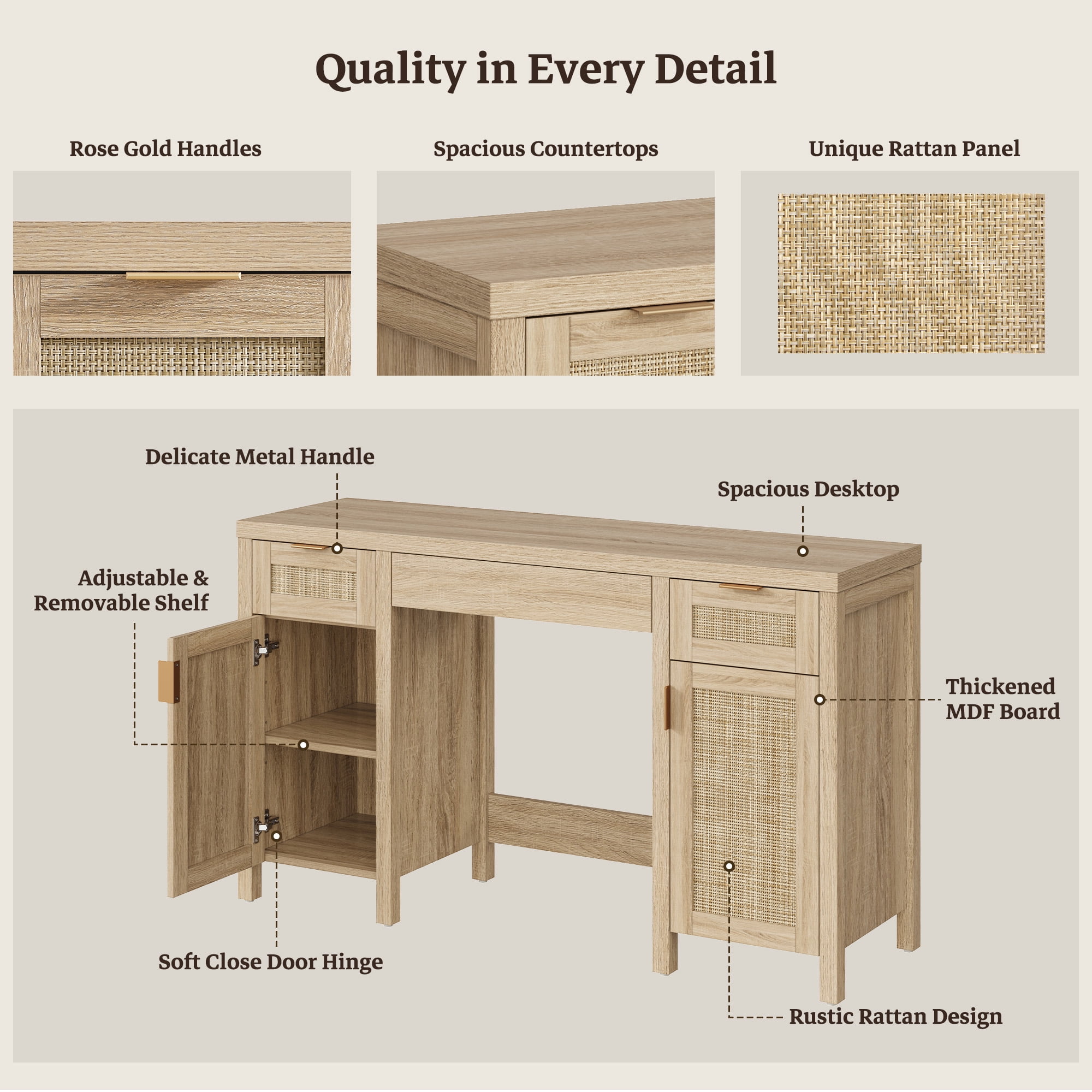 SICOTAS Boho Vanity Desk with 3 Drawers & 2 Storage Cabinets, 52" Rattan Makeup Desk with Adjustable Shelves, Farmhouse Dressing Table for Bedroom, Executive Computer Desk for Home Office, Light Oak