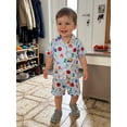 thumbnail image 5 of RUINIXCW Toddler Baby Boy Girl Silk Satin Back to School Pajamas Set Kids Boys Summer PJS Set Sleepwear Apple Bus Printed Short Sleeve Button Down Shirt and Shorts Set Homewear Loungewear 3-9 Years, 5 of 9