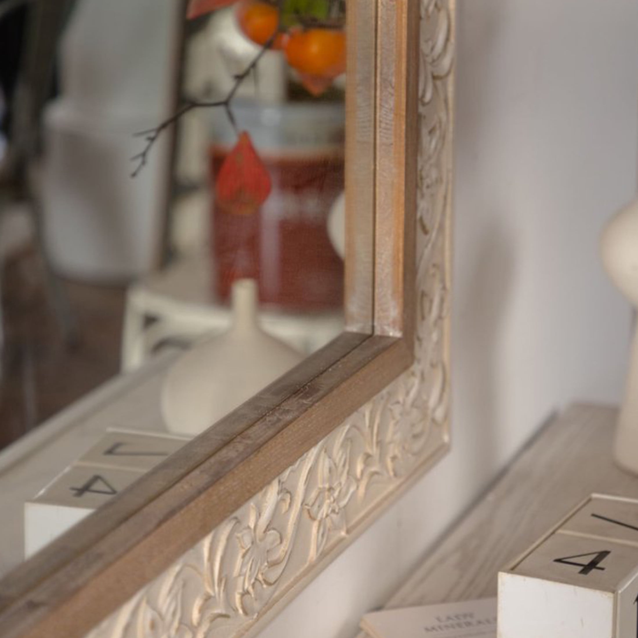 Noble House Westmere Vintage Carved Pattern Rectangular Wall Mirror, Ornate Floral Retro Frame, Beige & Brown