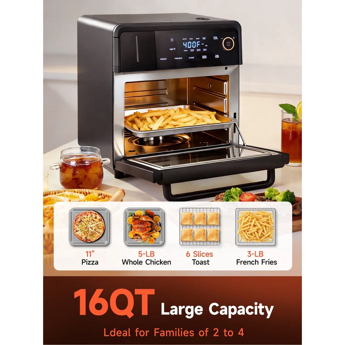 OUNIN Air Fryer Toaster Oven Combo 16 QT 11-in-1 Countertop Convection Steam Oven with Bake Roast Dehydrate Dual Cook Self-Cleaning