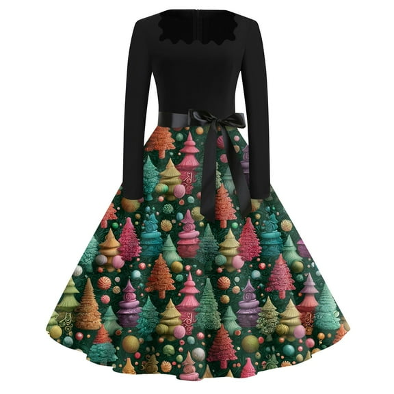 WTOBBY Christmas Print Flare Dress for Women Long Sleeve Square Collar Retro Party Casual Dress with Snowflake and Christmas Tree Pattern Design,Dark Green L