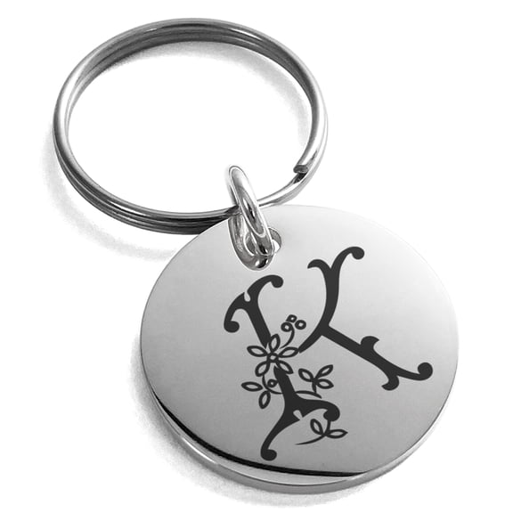 Stainless Steel Letter K Initial Floral Monogram Engraved Small Medallion Circle Charm Keychain Keyring