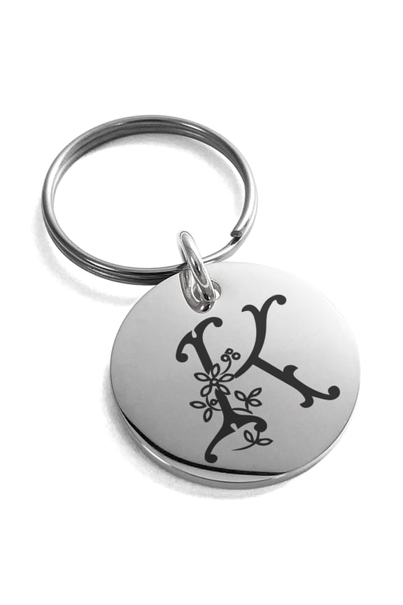 Stainless Steel Letter K Initial Floral Monogram Engraved Small Medallion Circle Charm Keychain Keyring
