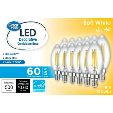 Great Value LED Light Bulb, 5.5 Watts (60W Equivalent) B10 Deco Lamp E12 Base, Dimmable, Soft White, 12-Pack