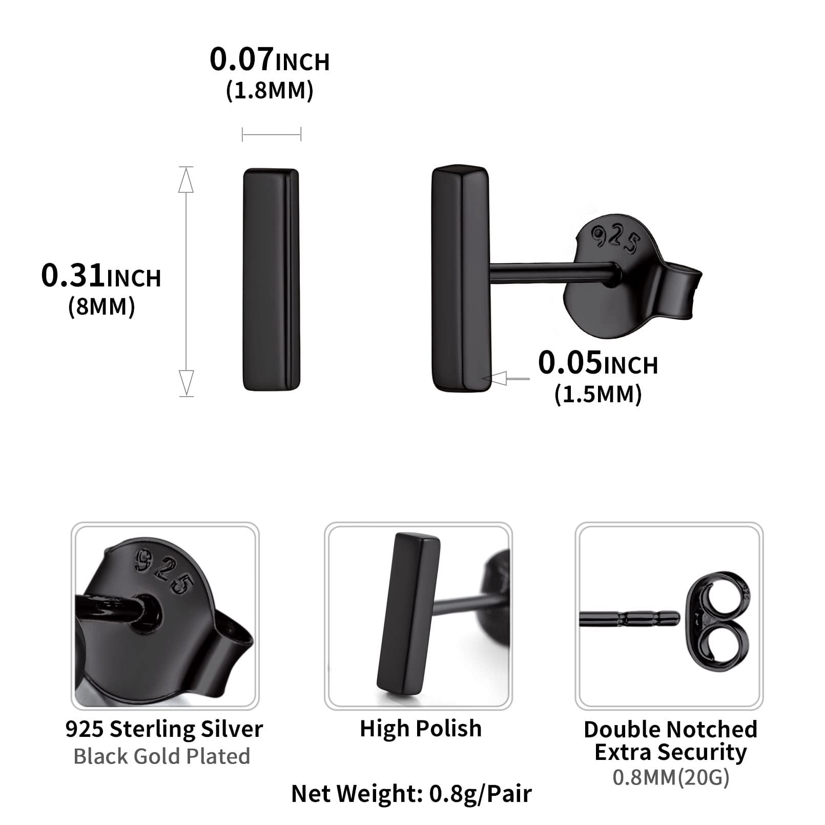 ChicSilver Black Bar Earrings for Women Men 925 Sterling Silver Ear Studs Ladies Simple Stud Earrings Hypoallergenic Jewelry Gift