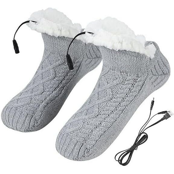 Electric Heated Fleece Socks Slippers for Men Women, Winter USB Heating Pad Knitted Socks Foot Heater, Anti-Slip Thermal Heating Socks Foot Warmer for Indoor Home Office