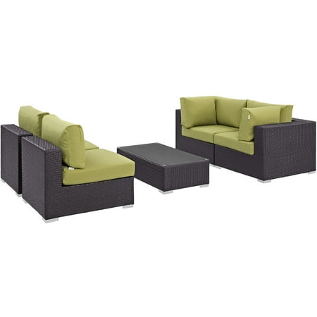 Modern Contemporary Urban Design Outdoor Patio Balcony Five PCS Sectional Sofa Set, Green, Rattan